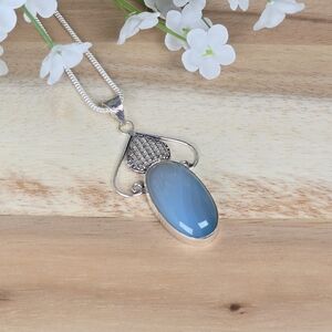 Vintage Style Blue Chalcedony Gemstone Pendant Necklace Country Boho Whimsi New